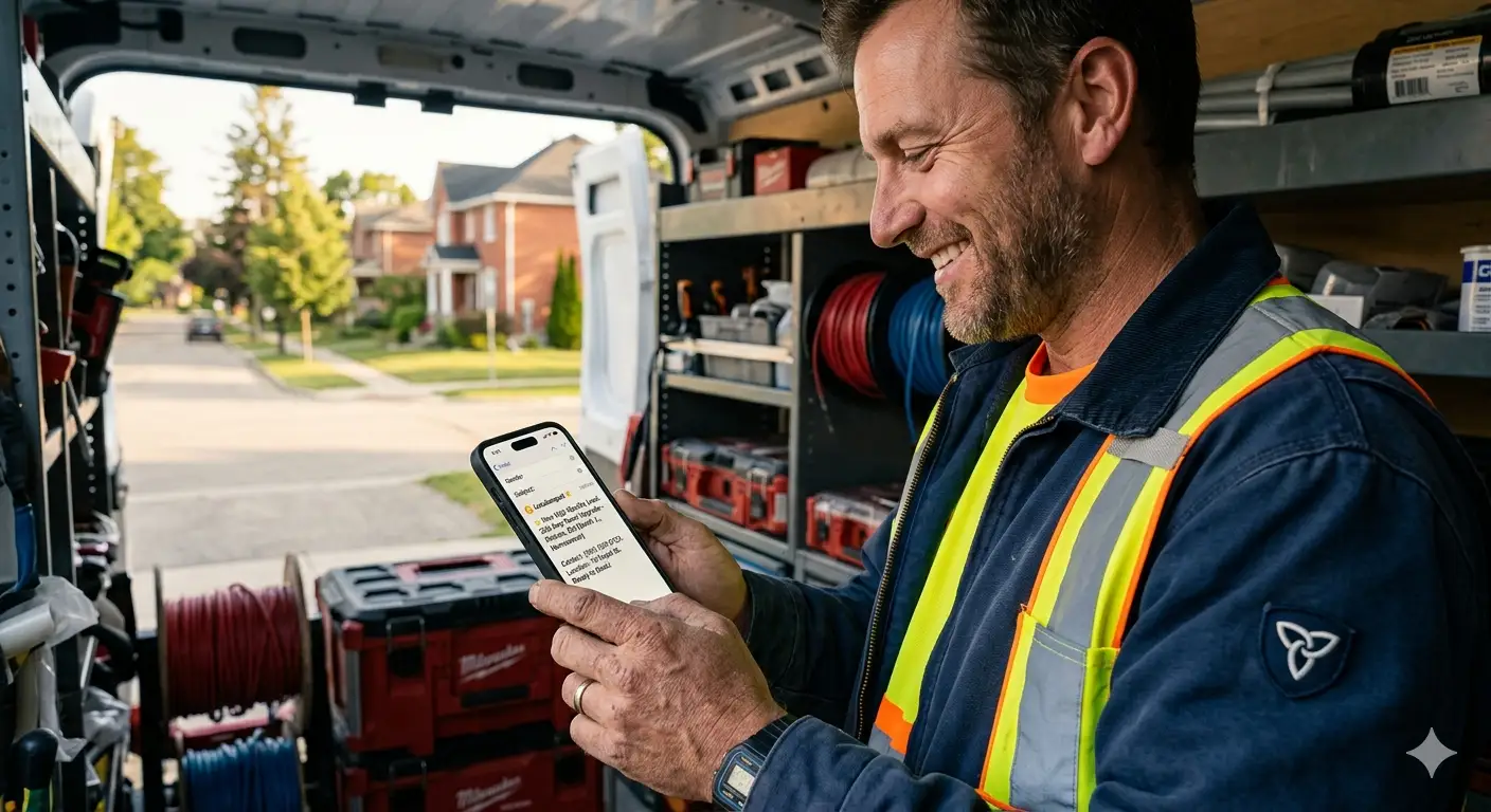Ontario tradesperson in his work van reading a new LocalAmped lead notification on his phone